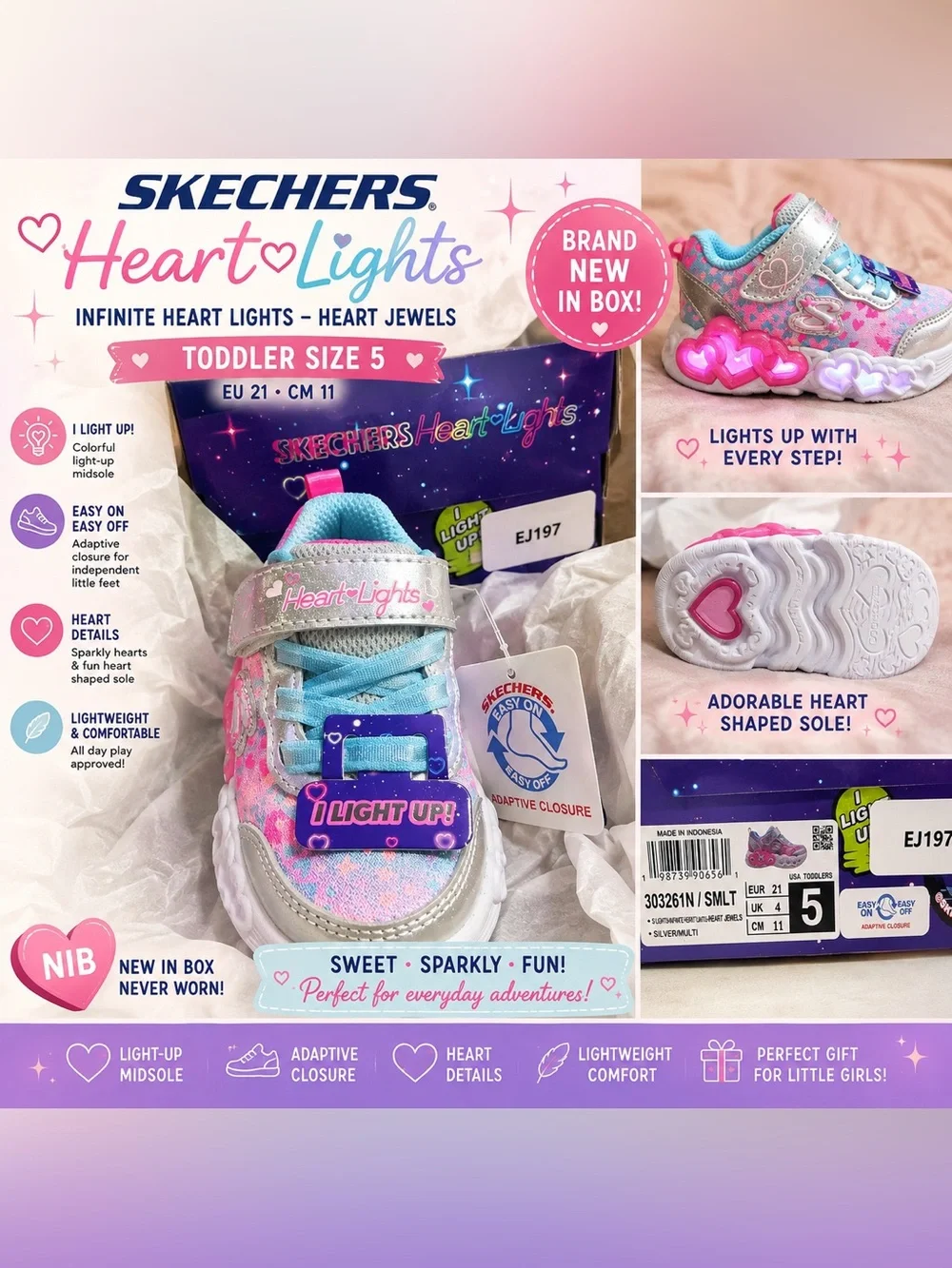 NIB Skechers Heart Lights Heart Jewels Light Up Shoes Toddler Girls Size 5